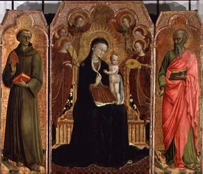 Madonna und Kind auf dem Thron mit sechs Engeln, Hl. Antonius von Padua und Johannes der Evangelist, 1437-44